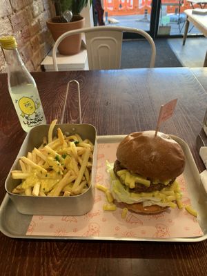 Mac & Cheese Burger and Cheese Fries at Happy Friday Kitchen  in Oxford