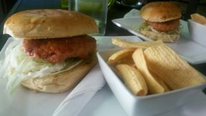 Homemade signature burger at Bean Social in Durham