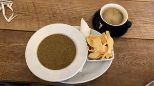 My yummy chestnut mushroom soup and lentil crisps plus black coffee x heaven at Bean Social in Durham