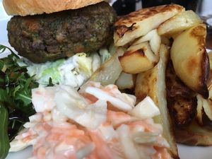 Pesto Burger with wedges, slaw and salad  at Bean Social in Durham