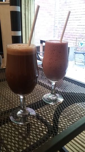 Berry smoothie and chocolate milkshake at Bean Social in Durham