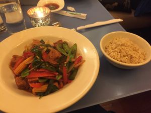 Crispy tofu and rice at Mia Tapas Bar & Restaurant in Ithaca