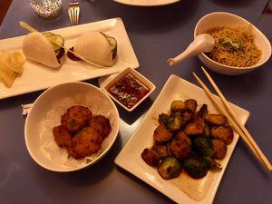 Tofu buns, lotus fritters, brussels, ramen - Yum! at Mia Tapas Bar & Restaurant in Ithaca