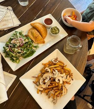 Vegan empanadas, mushroom fries, and a fruit cup for my son at Santa Fe Oxygen and Healing Bar Apothecary in Santa Fe