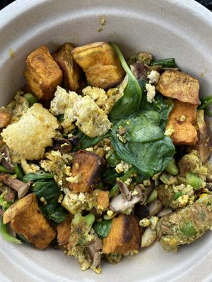 Tofu scramble breakfast with sweet potatoes and vegan sausage at Fitfuel Cafe in Canton