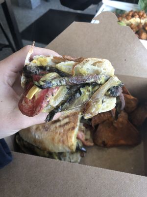 Vegan cheesesteak - portobello mushrooms and nutritional yeast cheese at Fitfuel Cafe in Canton
