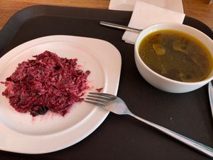 Mushroom soup and beetroot with prune and nuts  at Troitskiy Most - Kuybysheva in St Petersburg