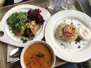 3 salads, potato and tom yum at Troitskiy Most - Kuybysheva in St Petersburg