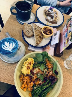Almond butter and banana toast with Earl Grey. Farm bowl with sourdough toast, coconut bacon and butterfly matcha 🦋   at Farm Girl - Sweaty Betty in London