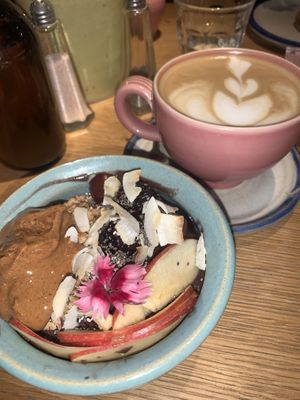 açai bowl and almond cappuccino   at Farm Girl - Sweaty Betty in London