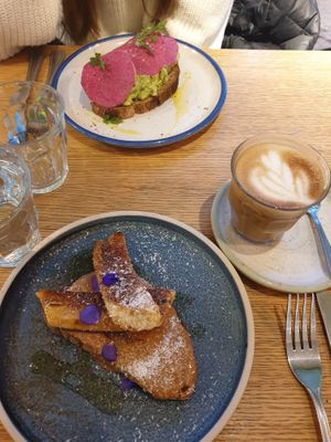Banana and Avocado toast plus latte. at Farm Girl - Sweaty Betty in London