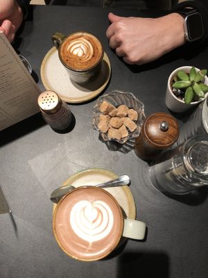 Vegan hot choc and regular cappuccino  at Farm Girl - Sweaty Betty in London