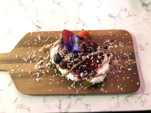 Vegan banana bread with coconut cream and compote  at POG - Bachelor's Walk in Dublin