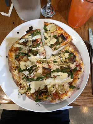 Eggplant artichoke pizza with cashew Alfredo sauce on veggie crust.  at Sage Regenerative Kitchen in Pasadena
