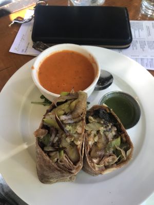 Brazilian burrito with side of tomato soup at Sage Regenerative Kitchen in Pasadena
