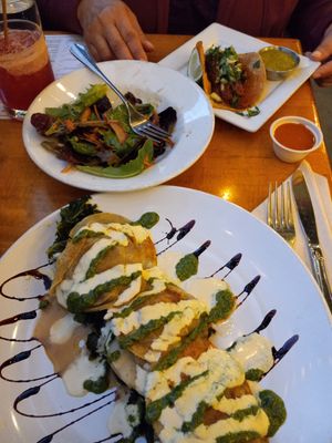 Butternut squash ravioli and side salad, taco and margarita deal for happy hour at Sage Regenerative Kitchen in Pasadena