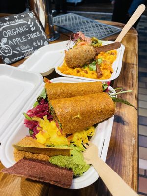 Raw wrap, kimchi Mac and cheese with oyster mushroom drumstick  at My Goodness in Cork