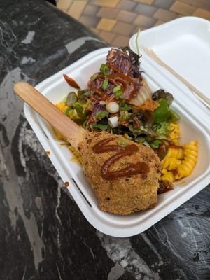 Vegan mac and cheese with a king oyster mushroom drumstick at My Goodness in Cork