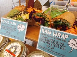 Raw wraps and mezze plate made with probiotic fermented foods at the My Goodness farmers market stall at My Goodness in Cork