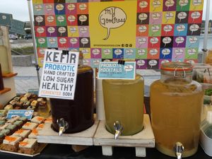 Water kefir at the (my goodness blackrock market stall. ) made with filtered rain water. Flavoured with hibiscus, mint lime cucumber, lemon ginger and orange.  at My Goodness in Cork