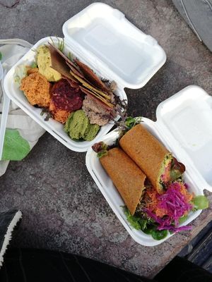 Vegan and gf chips and dips (left) and raw vegan and gf wrap (right). at My Goodness in Cork