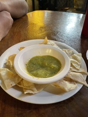 Tortilla chips with green salsa !  at Trece Lunas in Monterrey