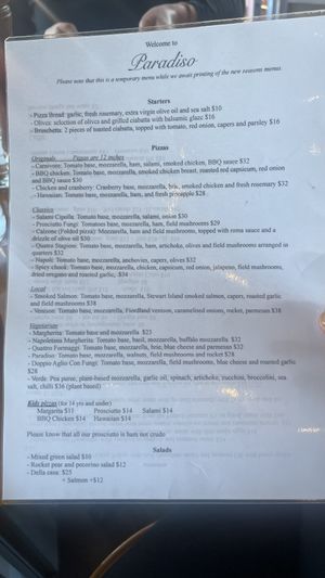 The current menu  at Paradiso Ristorante Pizzeria in Te Anau