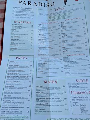 menu at Paradiso Ristorante Pizzeria in Te Anau