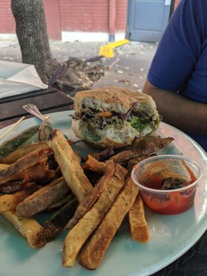 Vegan Burger w/ fries at Two Rivers Brewing in Easton