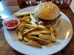 Vegan black bean and chickpea burger with Belgian fries at Two Rivers Brewing in Easton