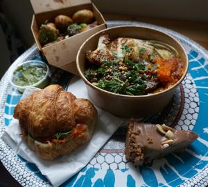 Delivery Menu: Christmas Roast, Gravlax Croissant, Patatas Bravas, Snickers Pie at Aujourd'hui Demain Cafe in Paris