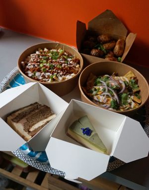 Take out: mac n' cheese + kebab/quesadilla + layer cake + matcha cheesecake + patatas bravas at Aujourd'hui Demain Cafe in Paris