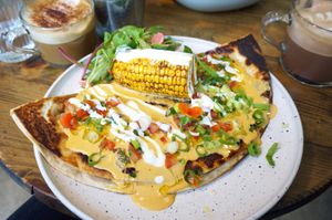frijoles quesadilla at Aujourd'hui Demain Cafe in Paris