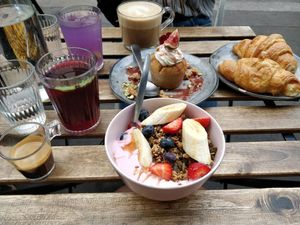 Granola Bowl, vegan croissants and a fig creme muffin. at Aujourd'hui Demain Cafe in Paris