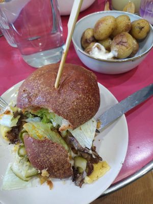 Oyster Mushroom Burger and Patatas Bravas: tasty!!! at Aujourd'hui Demain Cafe in Paris
