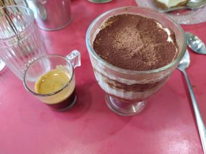 Tiramissu (yummy, a bit sweet but very delicious) and espresso at Aujourd'hui Demain Cafe in Paris