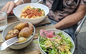 Patatas, MacNCheese, Small Salad at Aujourd'hui Demain Cafe in Paris