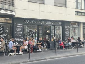Very popular at lunchtime  at Aujourd'hui Demain Cafe in Paris