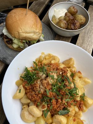 Patatas bravas, mushroom burger, mac’n’cheez  at Aujourd'hui Demain Cafe in Paris