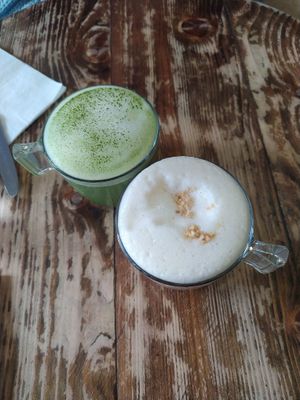 Matcha latte with rice-coco milk and peanut butter latte. More rice than coco actually, please offer coconut milk, I like coconut milk. at Aujourd'hui Demain Cafe in Paris