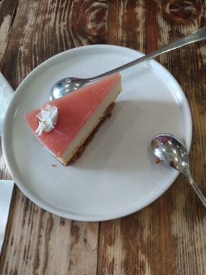 Hibiscus and pear cheesecake (and 2 spoons, they were on a date) at Aujourd'hui Demain Cafe in Paris