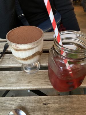 Tiramisu and cocktail  at Aujourd'hui Demain Cafe in Paris