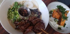 Ramen bowl, sweet potatoes at Aujourd'hui Demain Cafe in Paris