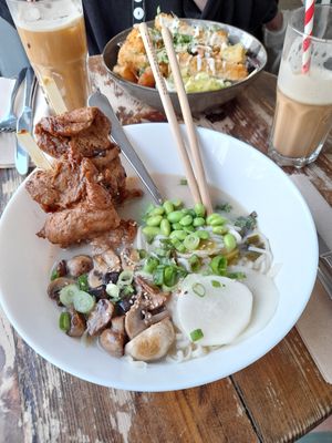 Ramen bowl, iced coffee. Top marks for the fresh veg and fake meat at Aujourd'hui Demain Cafe in Paris