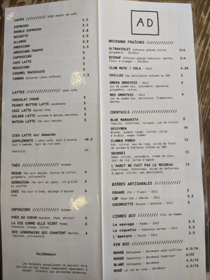Menu - drinks at Aujourd'hui Demain Cafe in Paris