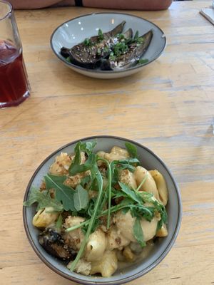 Mac‘n‘cheese and eggplant  at Aujourd'hui Demain Cafe in Paris
