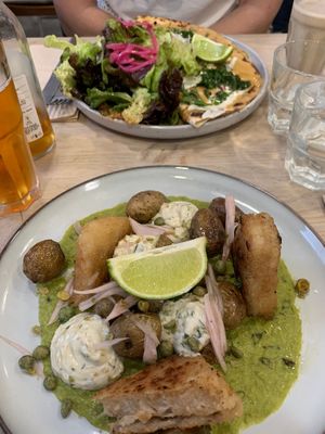 ‘Fish’ & chips closer, bean and mushroom quesadilla opposite   at Aujourd'hui Demain Cafe in Paris