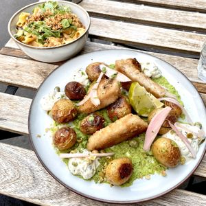 Vegan Fish w/ Mashed Peas, Tartar, Roasted Potatoes. Truffle Mixed Mushroom Mac n’ Cheese.  at Aujourd'hui Demain Cafe in Paris