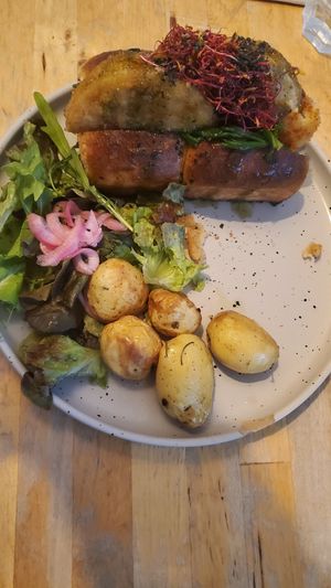 They didn't have "fish" so they put "chicken" in the fichy sandwich. at Aujourd'hui Demain Cafe in Paris