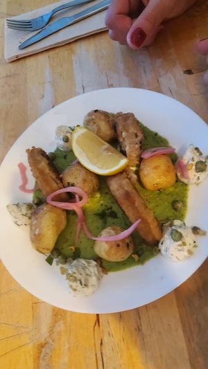 "Chicken" peas because theu didn't have fish. at Aujourd'hui Demain Cafe in Paris